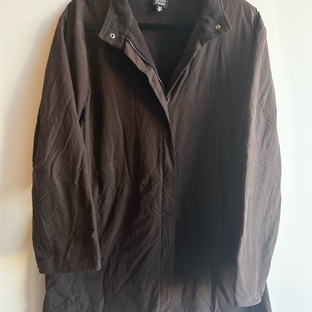 Eileen Fischer Brown Trench Coat Zip Up Minimalist Sustainable Modern Monochrome